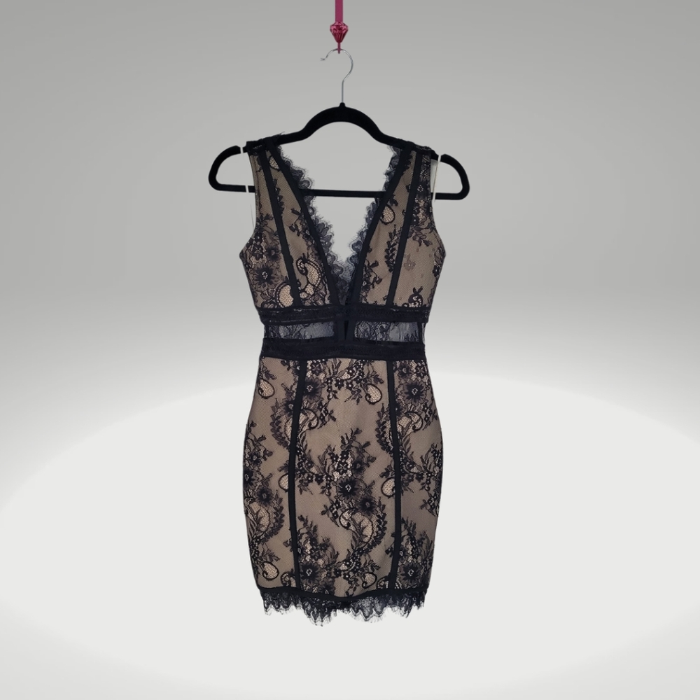 ANGL Deep V Neck Sexy Black Lace Bodycon Dress